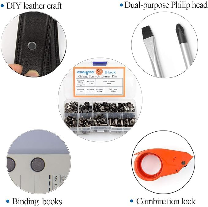 ALLOYPRO 120 Sets Chicago Screws with Hole Puncher and Screwdriver 3/16" Leather Rivets 7 Sizes Assorted Screw Rivet M5 Binding Screws for Decorate and Repair Leather Craft Belt Bookbinding Bag Purse - Image 5